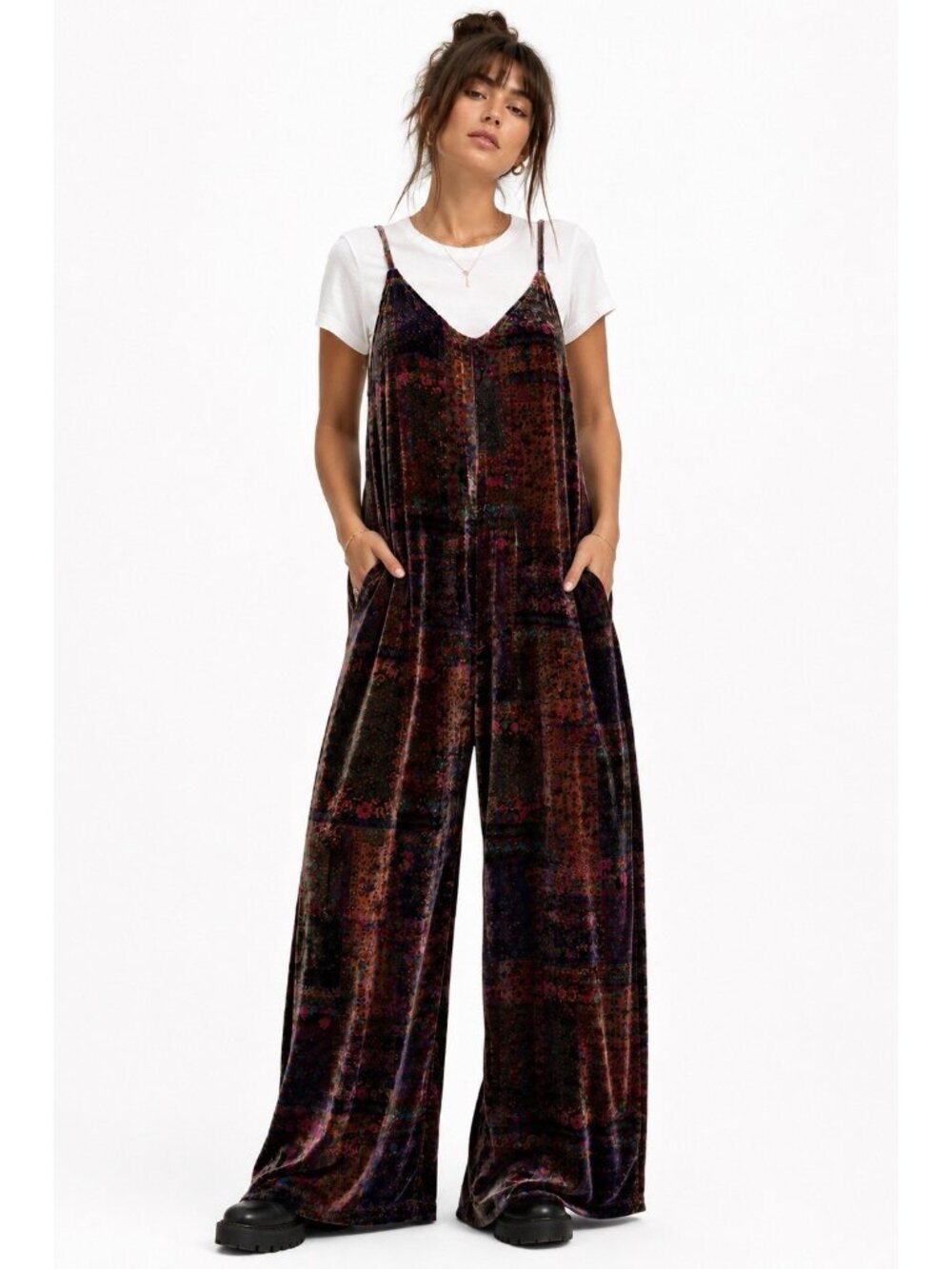 NATURAL LIFE jumpsuit romper overalls velour LARGE colorful floral bohemian
